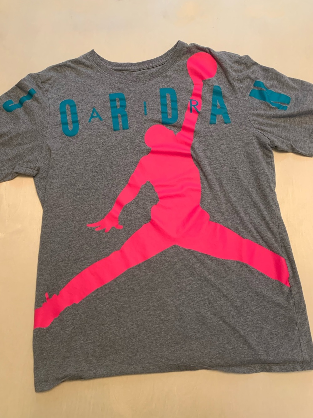 Jordan Men’s Gray Tee with Hot Pink Jumpman Graphic, Size Medium